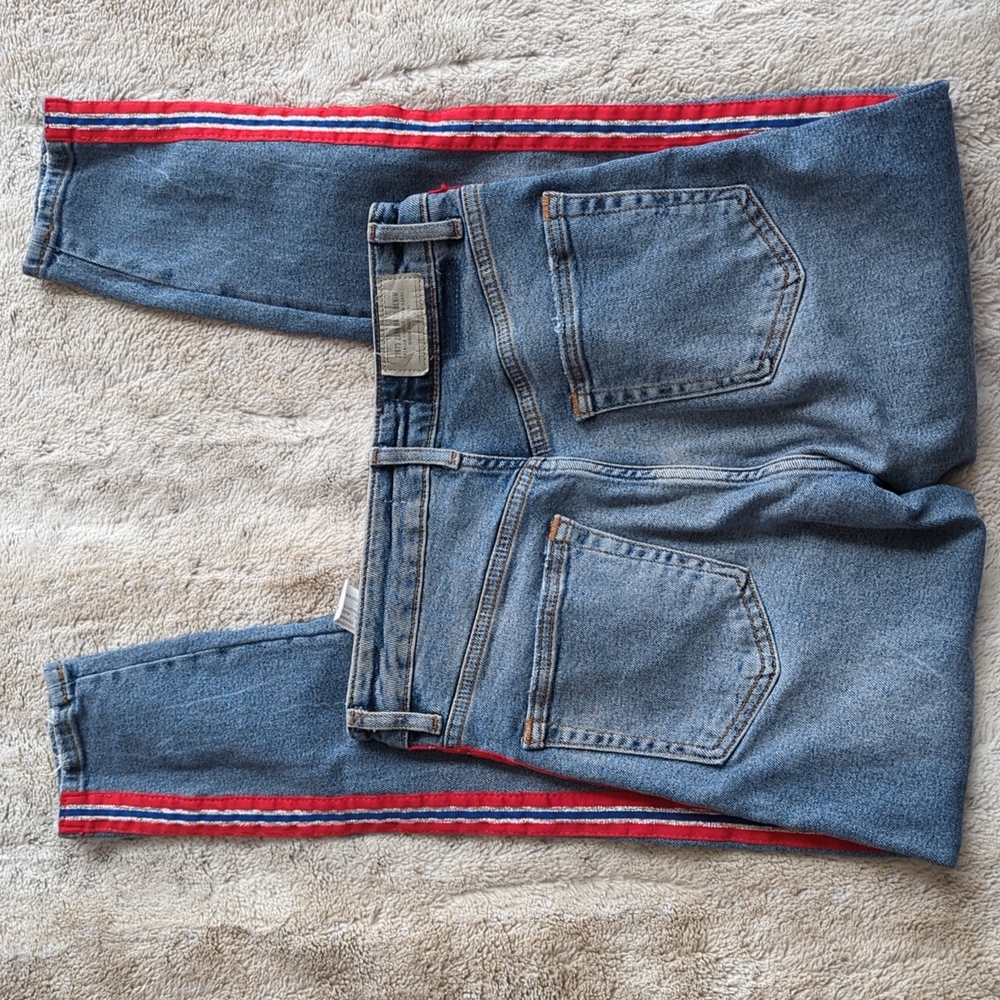 Zara Denim High Rise Red Side Stripe Skinny Jeans Size 4 Waist - Picture 5 of 5